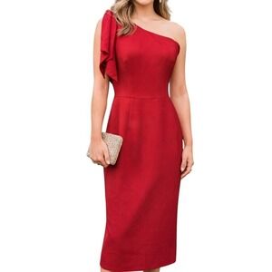 Dress the Population Womens Tiffany One Shoulder Formal Midi Dress Red Sz L NWT